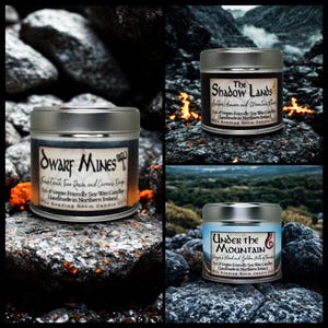 Colección de velas Mist and Shadows / Juego de 3 velas de cera de soja de fantasía / Dragones, enanos y reinos oscuros / Mecha de madera vegana de regalo