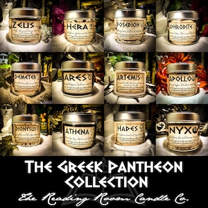 May include: A collection of twelve soy wax candles in metal tins, each labeled with a Greek god's name and a description of its scent. The text "The Greek Pantheon Collection" is displayed below the candles.