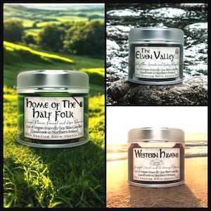Colección The Journey / Trío de velas de cera de soja inspiradas en la fantasía / Half Folk, Elven Valley, Western Havens / Regalo inspirado en libros / Mecha de madera