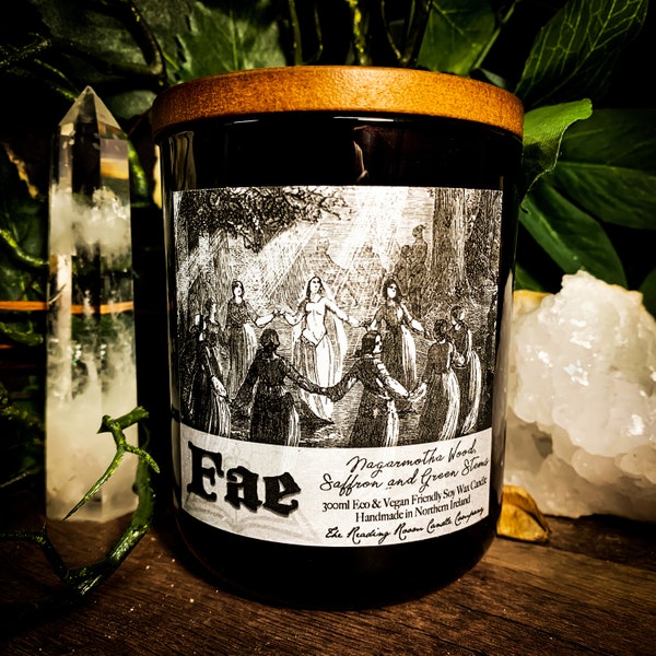 Fae- *Myth and Magick Inspired Pure Soy Wax Candle* Nagarmotha Wood, Saffron and Green Stems