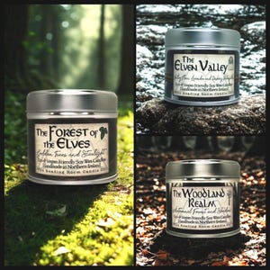 Colección Élfica / Trío de Velas Grandes de Cera de Soja Inspiradas en la Fantasía / Aromas Bosque de los Elfos, Valle Élfico, Reino del Bosque / 3 x 200 ml