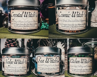 The Witchery Collection-5x Witch and Witchcraft Inspired Soy Wax Candles- Crystal, Kitchen, Hedge, Cosmic and Sea Witch