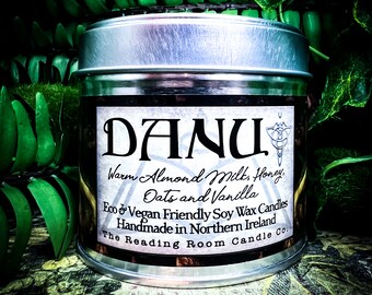 Danu- Irish Book/Mythology Inspired Pure Soy Wax Candle- Warm Almond Milk, Honey Oats and Vanilla