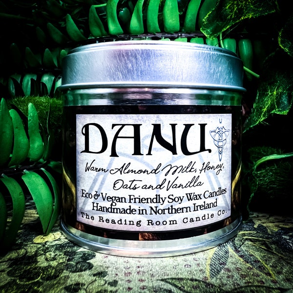 Danu- Irish Book/Mythology Inspired Pure Soy Wax Candle- Warm Almond Milk, Honey Oats and Vanilla