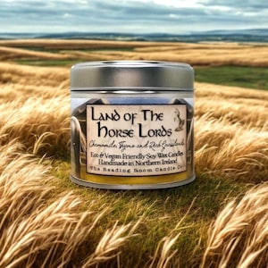 Land of the Horse Lords Soy Wax Candle | Chamomile, Thyme and Meadow Grass Scent | Fantasy Inspired Wooden Wick Candle | Hand Poured
