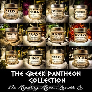 May include: A collection of 12 candles in silver tins with labels featuring the names of Greek gods and goddesses. Each label includes a description of the scent and the text "The Reading Room Candle Co."