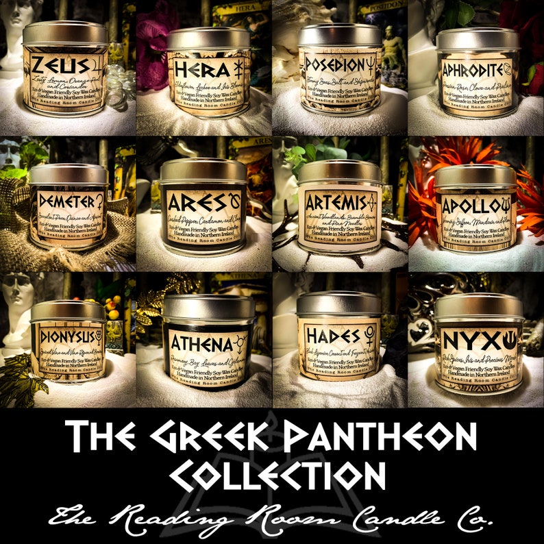 May include: A collection of 12 candles in silver tins with labels featuring the names of Greek gods and goddesses. Each label includes a description of the scent and the text "The Reading Room Candle Co."