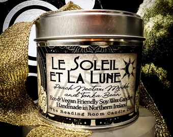 Le Soleil et La Lune- Romance/Astronomy Inspired- Pure Soy Wax Candle- Peach Nectar, Myrrh and Tonka Bean