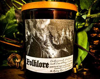 Folklore- *Myth and Magick Inspired Pure Soy Wax Candle* Cedarwood, Patchouli and Crackling Embers