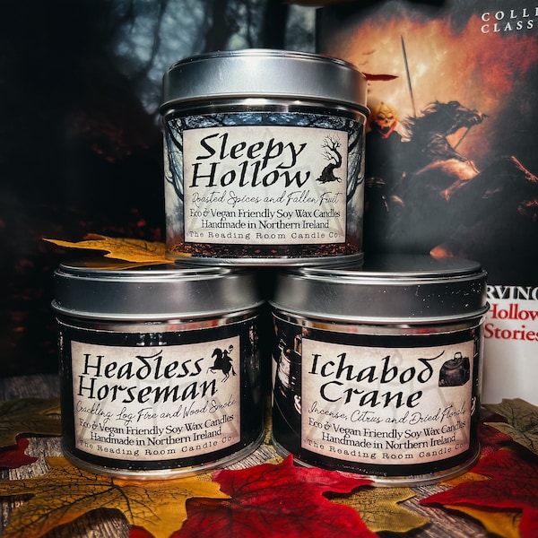 The Sleepy Hollow trio-littéraire/livre, bougies de cire de soja inspirées automne/automne-cavalier sans tête et Sleepy Hollow