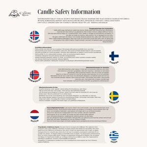 Puede incluir: Informaci&oacute;n de seguridad para velas en varios idiomas, incluidos island&eacute;s, noruego, finland&eacute;s, sueco, holand&eacute;s y griego. La imagen presenta banderas que representan cada pa&iacute;s y proporciona consejos de seguridad para el uso de velas.