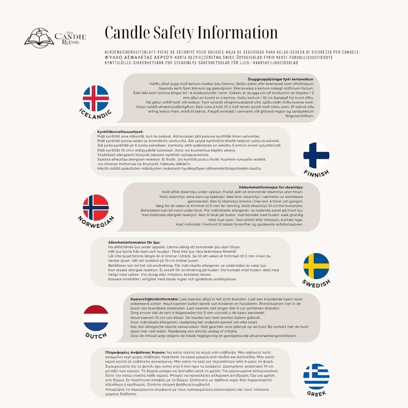 Puede incluir: Informaci&oacute;n de seguridad para velas en varios idiomas, incluidos island&eacute;s, noruego, finland&eacute;s, sueco, holand&eacute;s y griego. La imagen presenta banderas que representan cada pa&iacute;s y proporciona consejos de seguridad para el uso de velas.