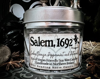 Salem 1692-heks en hekserij geïnspireerde sojawaskaars-ceder, sinaasappel, pepermunt en patchouli