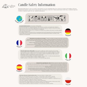 May include: Candle safety information sheet with safety icons and instructions in multiple languages. Includes warnings about burning candles near flammable items, keeping them away from children, and trimming the wick to 5 mm before lighting.