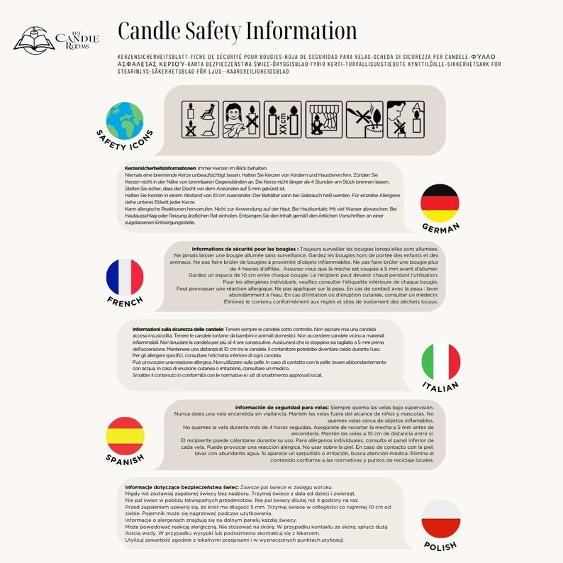 May include: Candle safety information sheet with safety icons and instructions in multiple languages. Includes warnings about burning candles near flammable items, keeping them away from children, and trimming the wick to 5 mm before lighting.