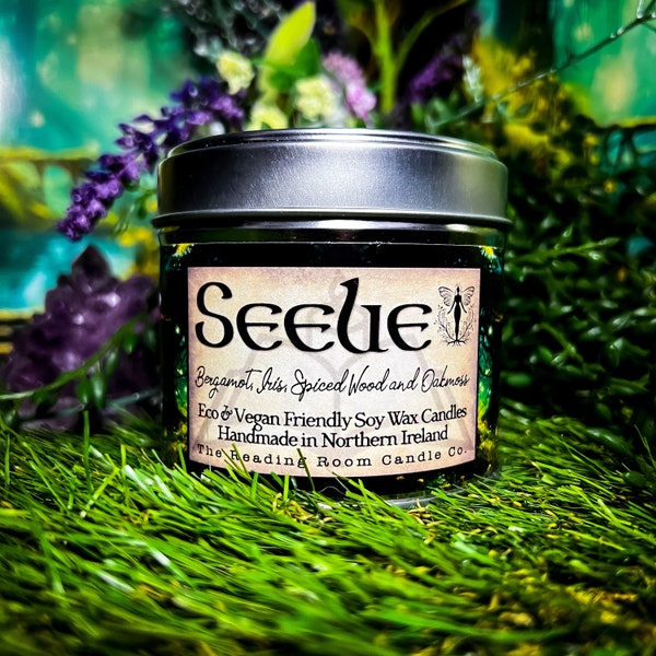 Seelie- Fae/Fairy/Fairytale Inspired-Pure Soy Wax Candle-Book Inspired- Bergamot, Iris, Spiced Woods and Oakmoss