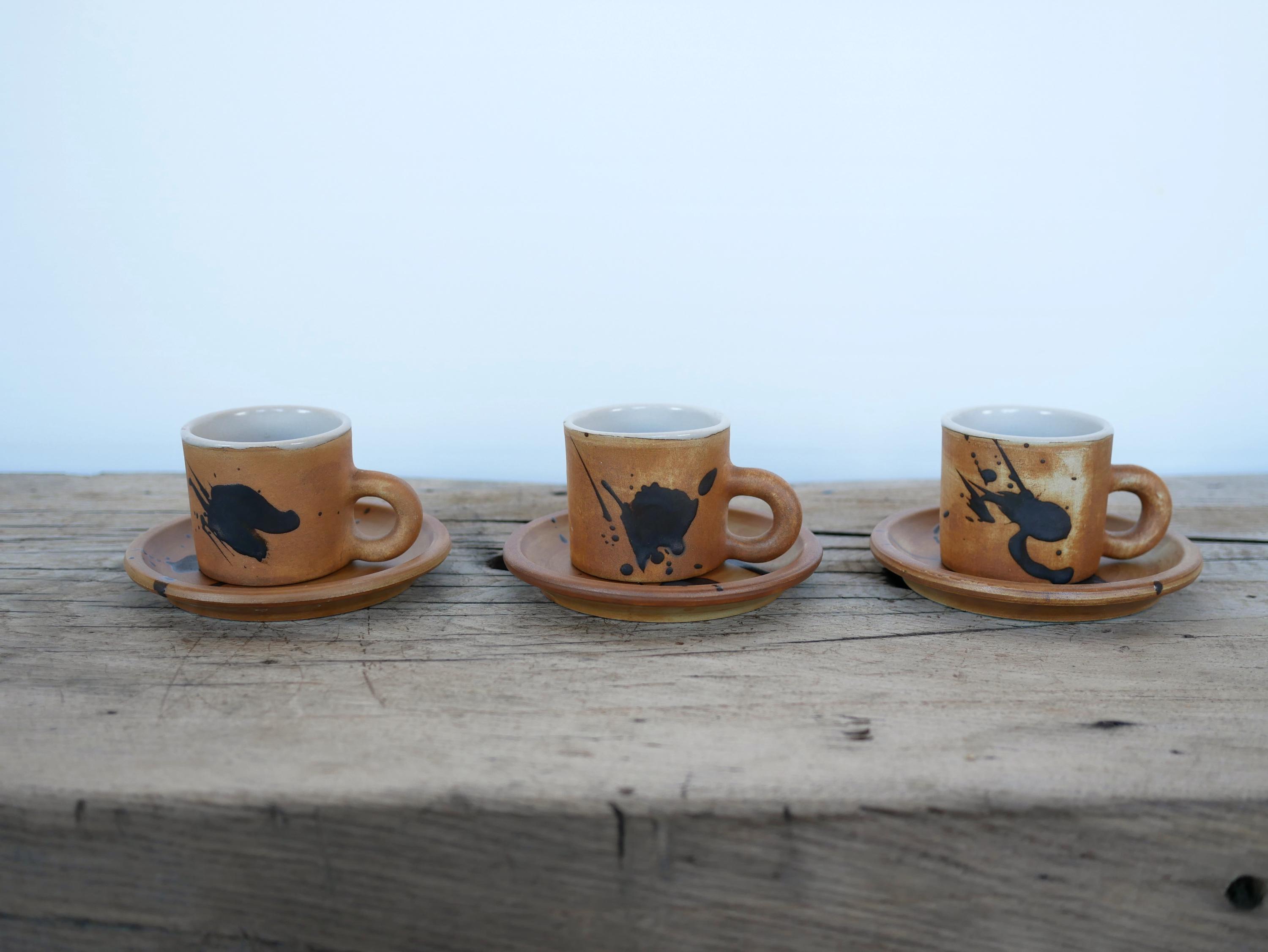Series of 3 vintage stoneware cups and saucers by Madeleine Brault for Poterie de la Colombe