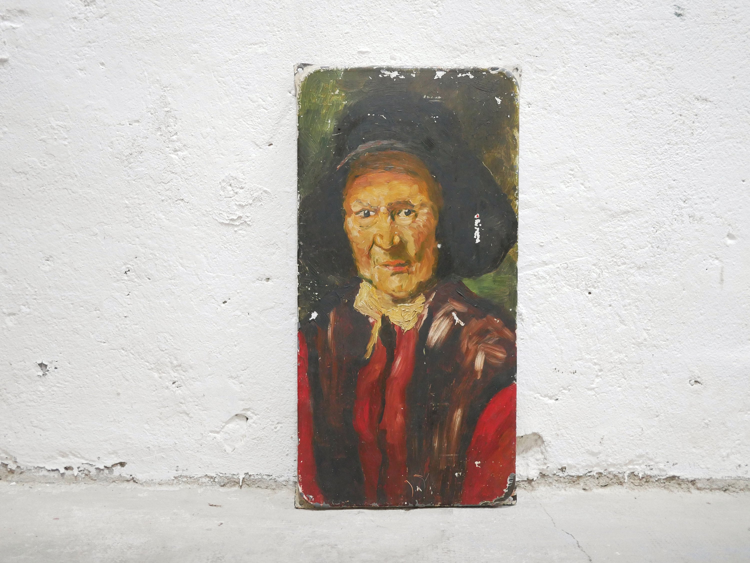 Tableau Vintage, Huile sur Plaque Émaillée