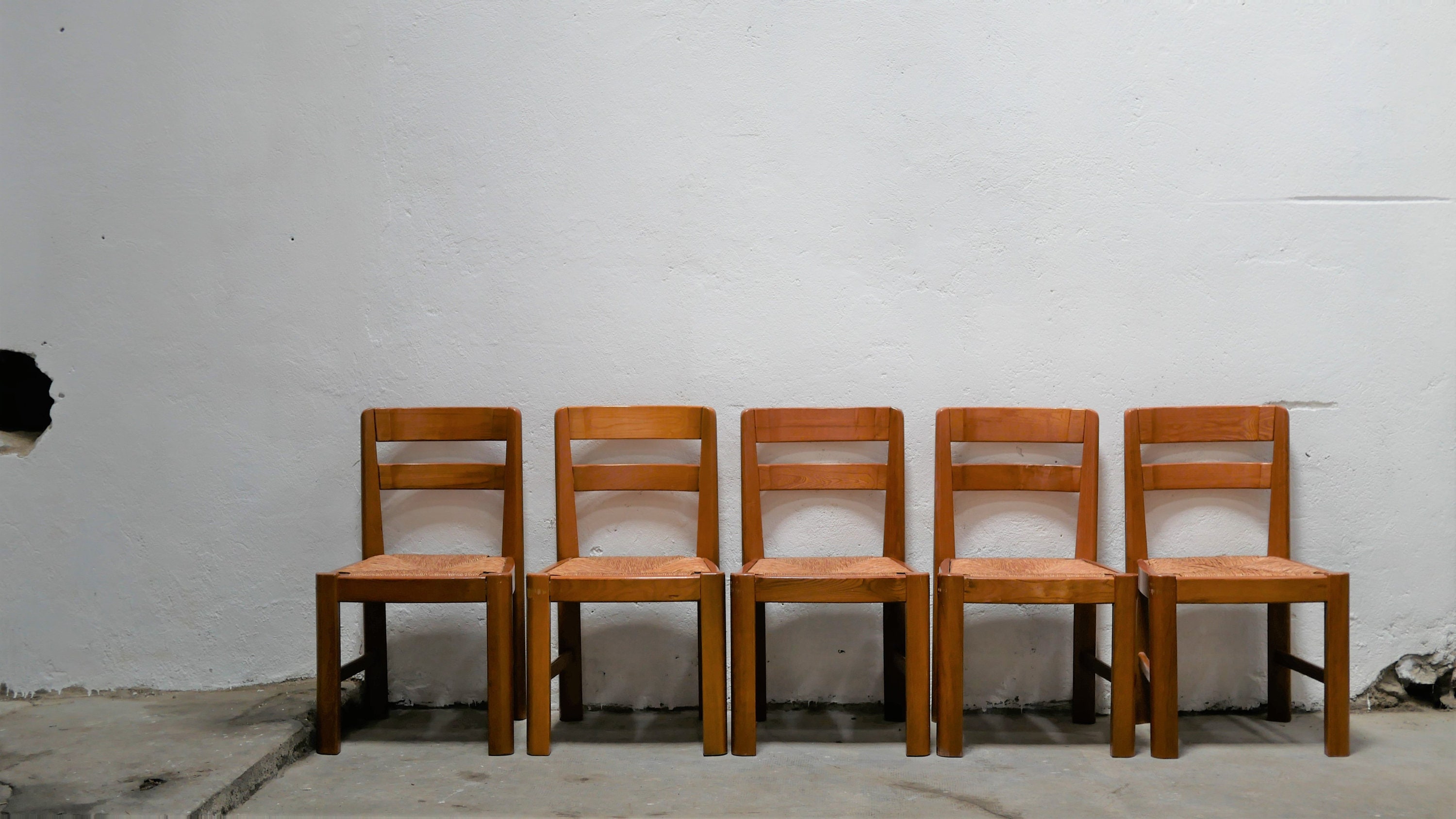 Série de 5 Chaises Vintage en Orme Paillées