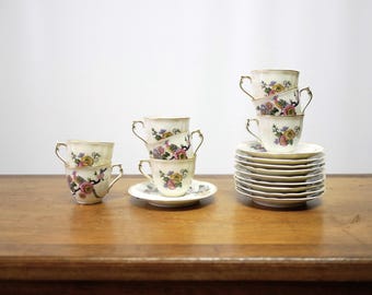 Service à Café Art Déco En Porcelaine De Limoges - Liseré Argenté - Couleur Jade