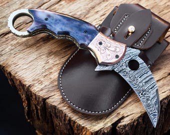 Navaja plegable de bolsillo de acero de Damasco hecha a mano. Navaja de caza. Regalo ideal para él. Regalo de aniversario o cumpleaños para marido o novio. Regalo perfecto para el Día del Padre.