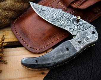 Custom made Damascus Pocket Folding Knife Hunting knife gift for him Anniversary Birthday gift for husband boyfriend Christmas gift