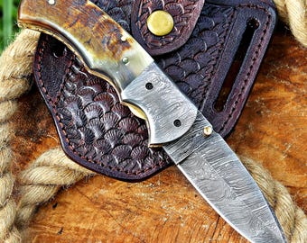 handmade damascus pocket folding knife Hunting knife gift for him Anniversary Birthday gift for husband boyfriend Perfect Fathers day gift