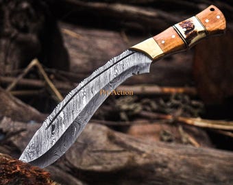 Handmade knife Kukri Knife  Bowie Knife Damascus Knife hunting knife Bushcraft Knife and  sheath - gift for men - Christmas gift