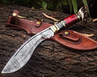 Handmade Kukri Bowie Knife Damascus hunting knife Perfect Fathers day Gift for him Gift for husband and boyfriend Halloween decor Gift
