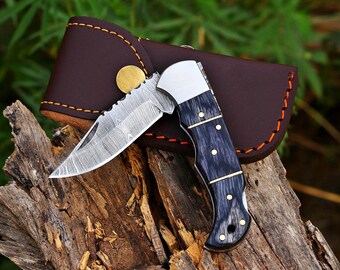 handmade damascus pocket folding knife Hunting knife gift for him Anniversary Birthday gift for husband boyfriend Perfect Fathers day gift