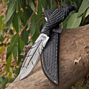 Cuchillo vikingo Bowie hecho a mano, cuchillo de caza de acero de Damasco, regalo elegante para él, regalo de cumpleaños y aniversario para esposo, novio, regalo del Día del Padre Copper Damascus
