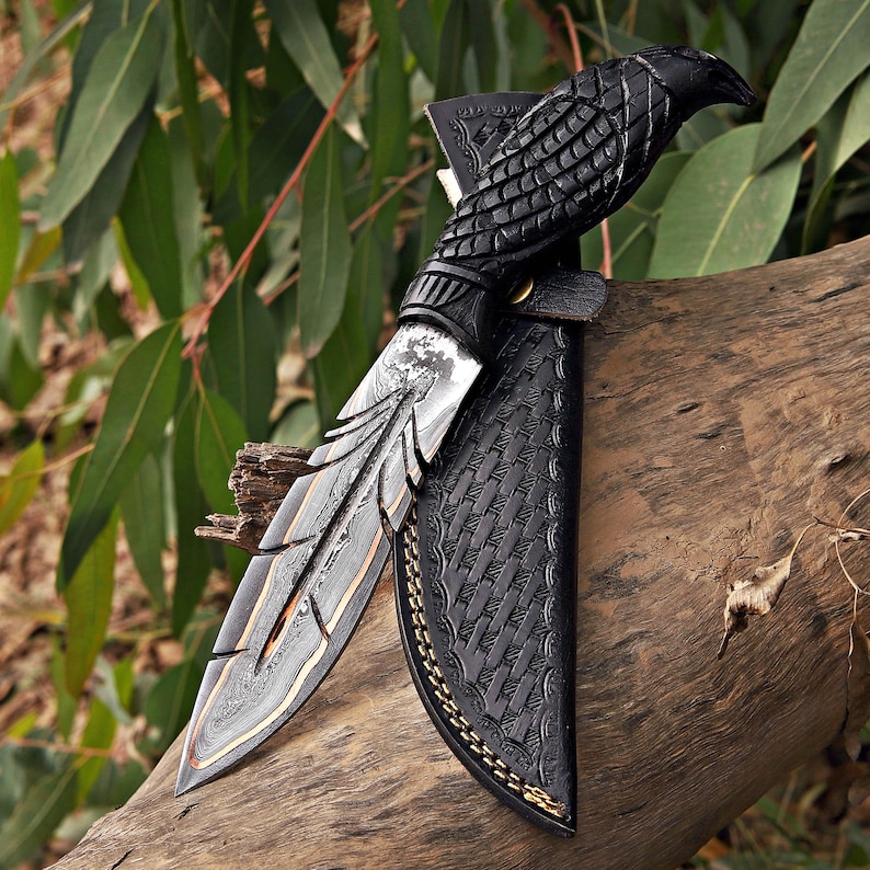 Cuchillo vikingo Bowie hecho a mano, cuchillo de caza de acero de Damasco, regalo elegante para él, regalo de cumpleaños y aniversario para esposo, novio, regalo del Día del Padre Copper Damascus