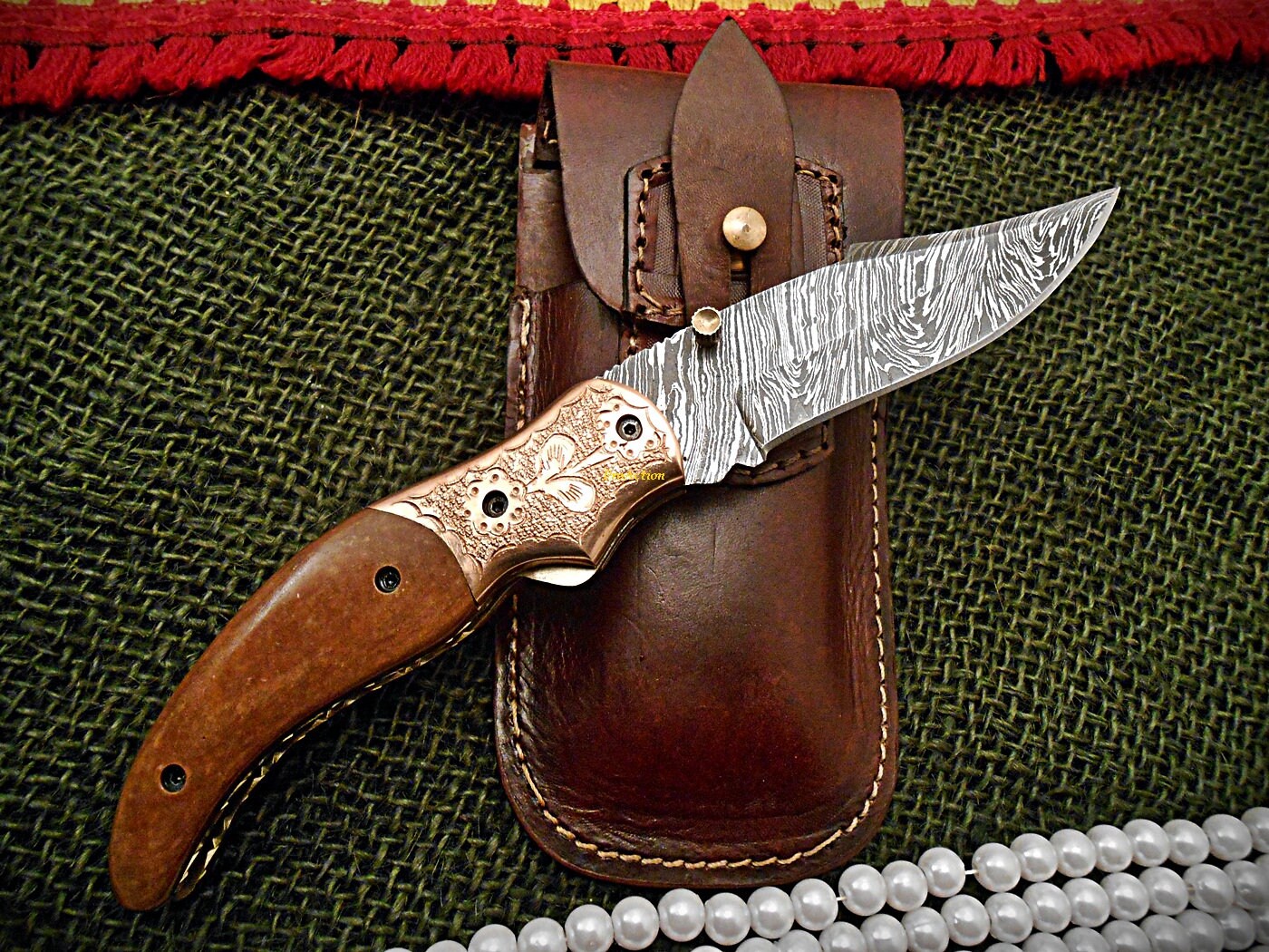 Best Quality Damascus pocket knife Folding knife Leather Etsy