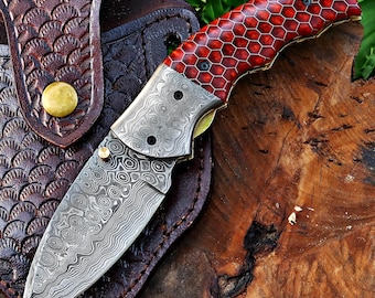 handmade damascus pocket folding knife Hunting knife gift for him Anniversary Birthday gift for husband boyfriend Perfect Fathers day gift