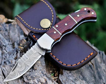 handmade damascus pocket folding knife Hunting knife gift for him Anniversary Birthday gift for husband boyfriend Perfect Fathers day gift