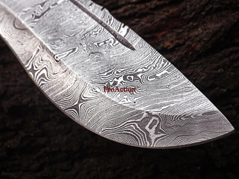 May include: Close-up of a Damascus steel knife blade. The blade has a distinctive pattern of swirling lines in shades of gray and white. The text "ProAction" is visible on the blade. The knife blade is curved and has a sharp point.