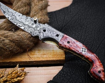 handmade damascus pocket knife folding knife Custom Hunting Damascus Pocket knife gift for him Birthday Anniversary gift fathers day gift