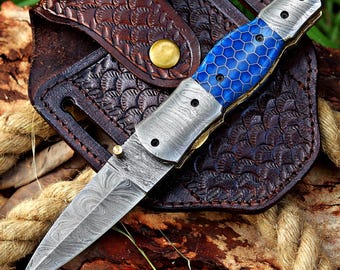 Custom made Damascus Pocket Folding Knife Hunting knife gift for him Anniversary Birthday gift for husband boyfriend Christmas gift