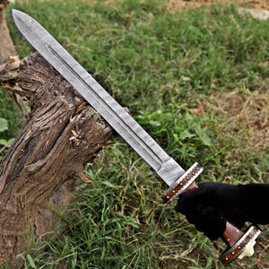 May include: A long, silver-colored sword with a patterned blade and a wooden handle. The handle is brown with white accents. The sword is held against a backdrop of green grass and a weathered tree trunk.