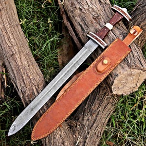 Handmade Short Hunting Damascus sword Viking master sword Perfect fathers day gift for him, boyfriend gift, wedding & birthday gifts image 10