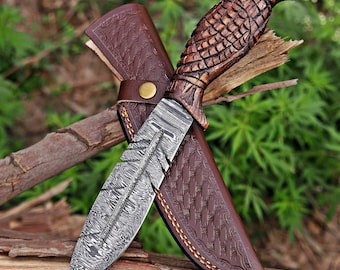 Raven Bowie Hunting knife Damascus Bushcraft Knife and Leather Sheath gift for him birthday & Anniversary gift for Husband Christmas gift