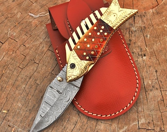 handmade damascus pocket folding knife Hunting knife gift for him Anniversary Birthday gift for husband boyfriend Perfect Fathers day gift