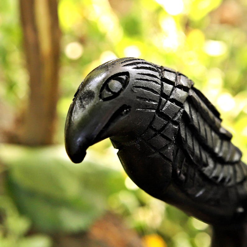 Puede incluir: Primer plano de una escultura de madera tallada de la cabeza de un p&aacute;jaro, probablemente un cuervo o un &aacute;guila. La escultura es negra y presenta tallas detalladas, con plumas y ojos visibles. El fondo est&aacute; borroso, con follaje verde.
