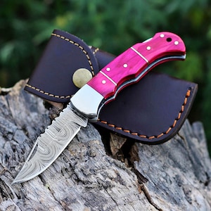 Handmade Damascus Pocket Knife Pink wood Handle Birthday Gift Folding Knife Groomsmen Gift Anniversary Wedding gift, Christmas gift