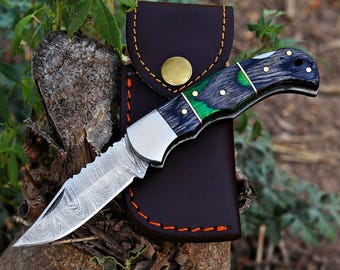 handmade damascus pocket folding knife Hunting knife gift for him Anniversary Birthday gift for husband boyfriend Perfect Fathers day gift