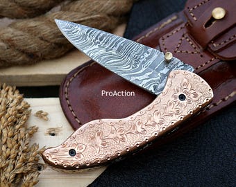 handmade damascus pocket folding knife Hunting knife gift for him Anniversary Birthday gift for husband boyfriend Perfect Fathers day gift