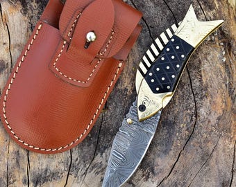 handmade damascus pocket knife folding knife Custom Hunting Damascus Pocket knife gift for him Birthday Anniversary gift fathers day gift
