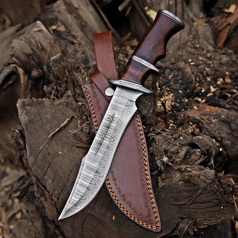 Handmade Bowie knife Hunting knife Damascus knife Elegant gift for him birthday & Anniversary gift for Husband boyfriend Halloween gift Rose wood Handle