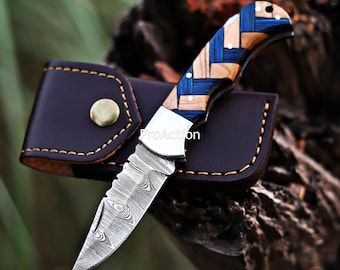 Handmade Damascus Pocket Knife Olive Wood Birthday Gift Folding Knife Groomsmen Gift Anniversary Wedding Personalized fathers day gift