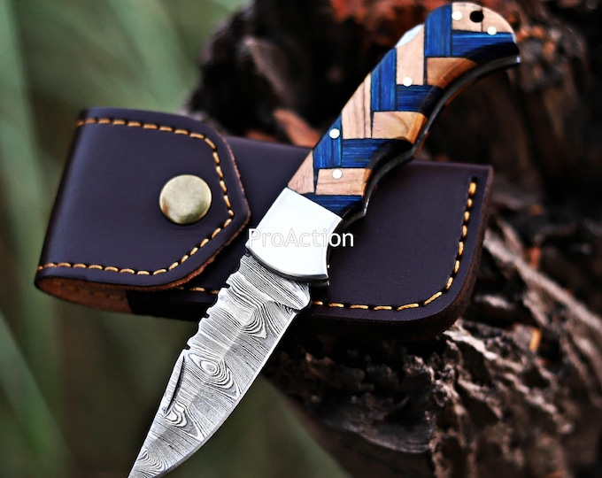 Handmade Damascus Pocket Knife Olive Wood Birthday Gift Folding Knife Groomsmen Gift Anniversary Wedding Personalized fathers day gift